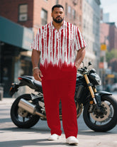 Men's Plus Size Red Handmade Eco-friendly Tie-dye Craft Short Sleeve Shirt Trousers Suit